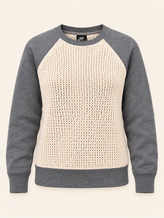 Nike Tops - Nike NSW Mixed Media Open Knit Crewneck Sweater Gray Cream S